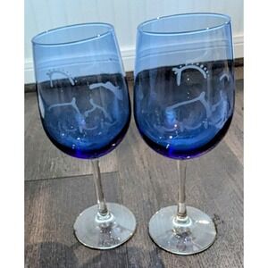 Dressage Etched Horses Blue Wine Glasses Equestrian Set‎ of 2